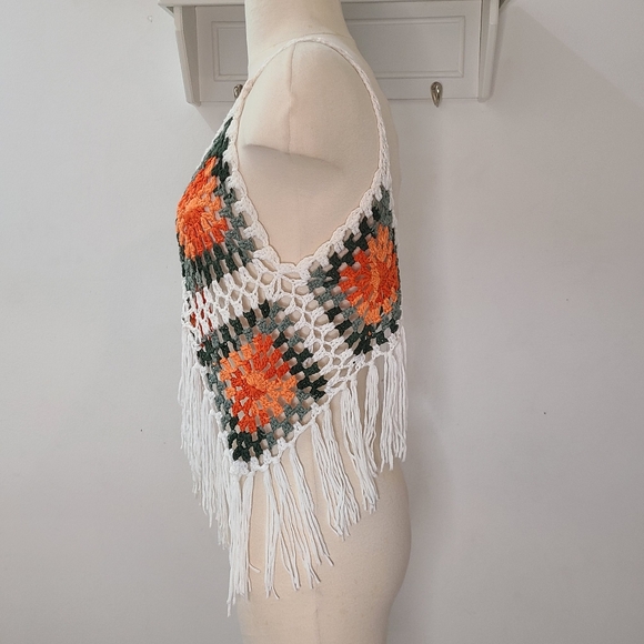 VIVID White Orange & Green Diamond Print Crochet High-Lo Fringe Tank Top Jr L - Picture 9 of 10